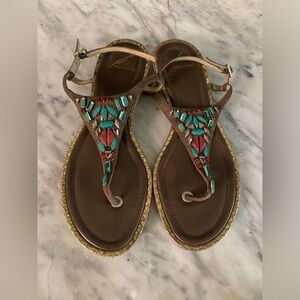 Brian Atwood leather sandals with turquoise, and coral stones.in brown and gold